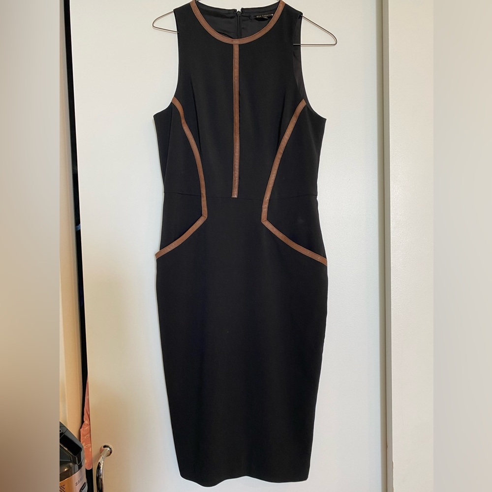 Ava & Aiden Black Sleeveless Pencil Dress with Camel Leather Piping Size 2